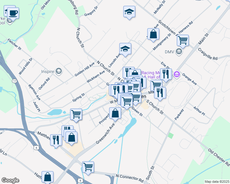 map of restaurants, bars, coffee shops, grocery stores, and more near 123 Grand Street in Goshen