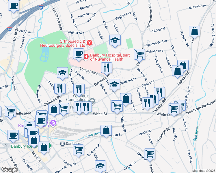 map of restaurants, bars, coffee shops, grocery stores, and more near 43 Locust Avenue in Danbury