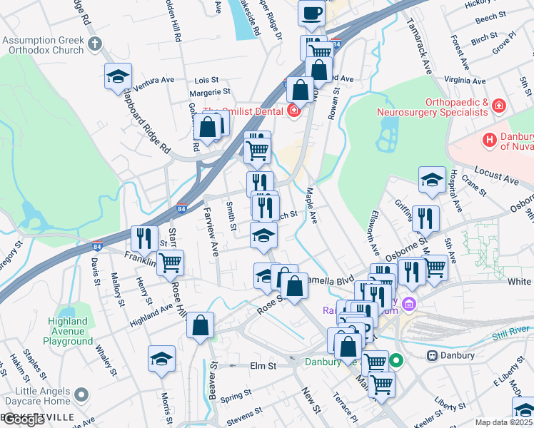 map of restaurants, bars, coffee shops, grocery stores, and more near 405 Main Street in Danbury