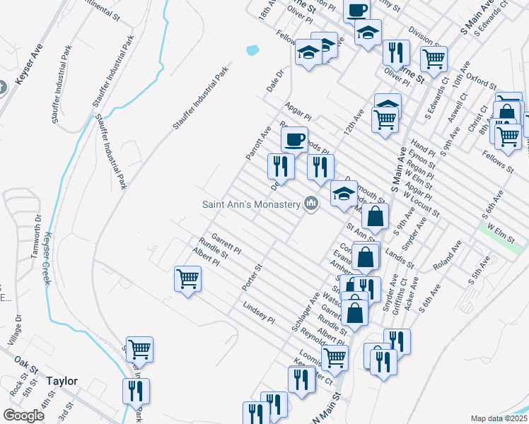 map of restaurants, bars, coffee shops, grocery stores, and more near 1401 Cornell Street in Scranton