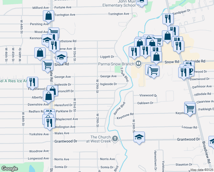 map of restaurants, bars, coffee shops, grocery stores, and more near 2716 Ingleside Drive in Parma