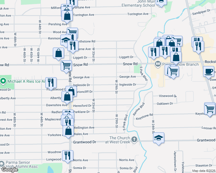map of restaurants, bars, coffee shops, grocery stores, and more near 3010 Ingleside Drive in Parma