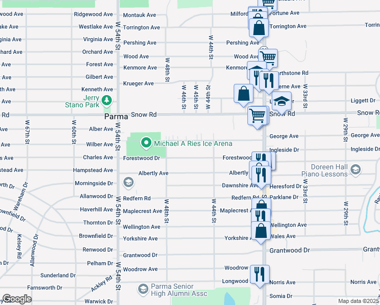 map of restaurants, bars, coffee shops, grocery stores, and more near 4523 Sheraton Drive in Parma