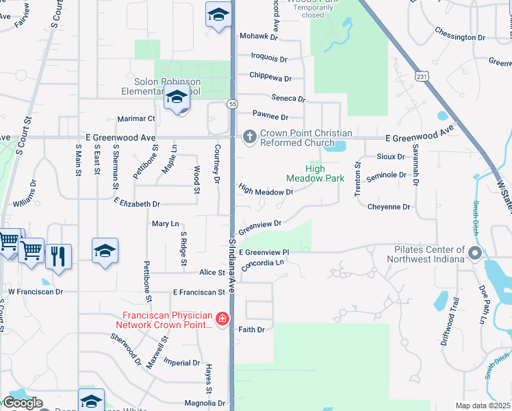 map of restaurants, bars, coffee shops, grocery stores, and more near 800 S Indiana Ave in Crown Point