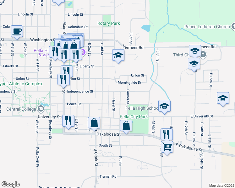 map of restaurants, bars, coffee shops, grocery stores, and more near 204 Independence Street in Pella