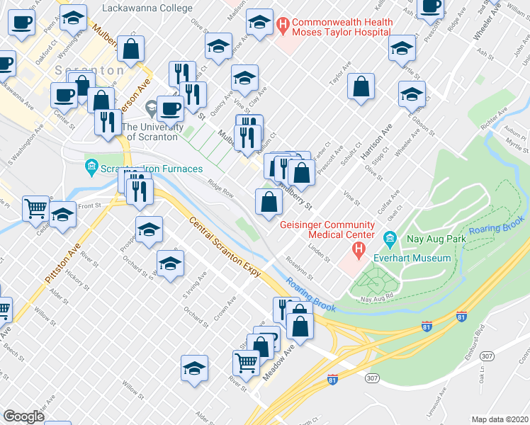 map of restaurants, bars, coffee shops, grocery stores, and more near 1318 Linden Street in Scranton
