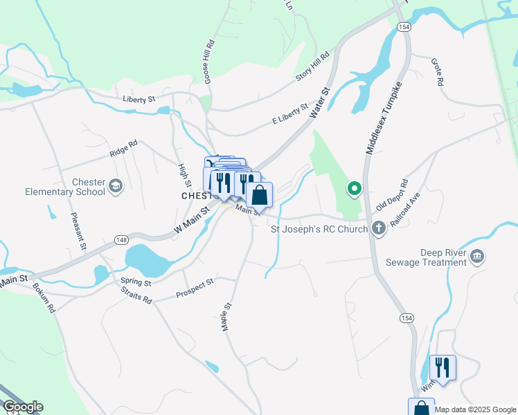 map of restaurants, bars, coffee shops, grocery stores, and more near 63 Main Street in Chester