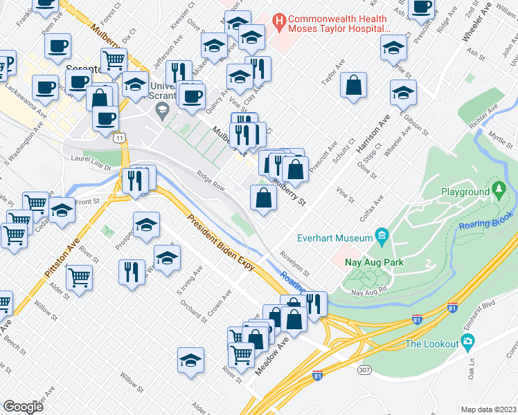 map of restaurants, bars, coffee shops, grocery stores, and more near 1412 Linden Street in Scranton