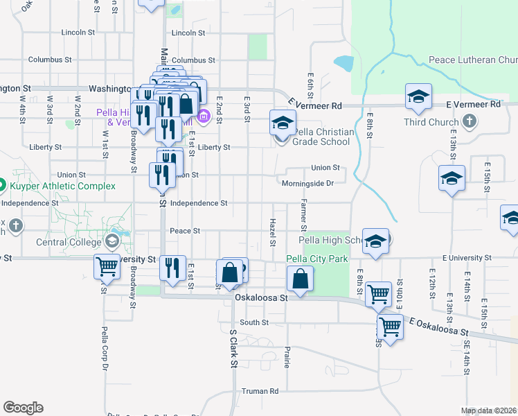map of restaurants, bars, coffee shops, grocery stores, and more near 306 Independence Street in Pella