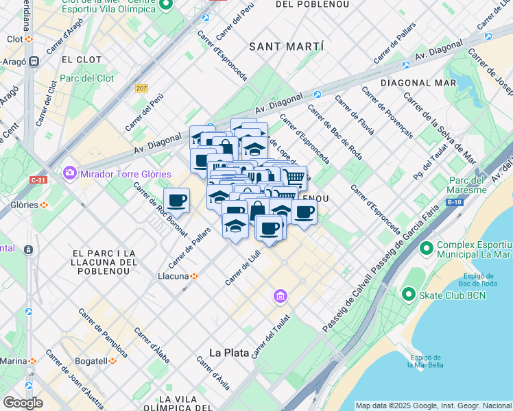 map of restaurants, bars, coffee shops, grocery stores, and more near 50 Carrer Maria Aguiló in Barcelona
