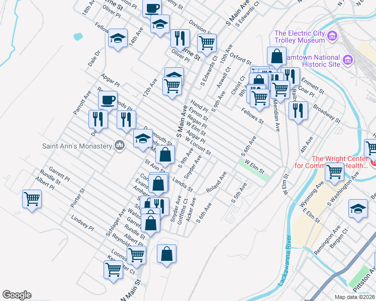 map of restaurants, bars, coffee shops, grocery stores, and more near 913-915 West Locust Street in Scranton