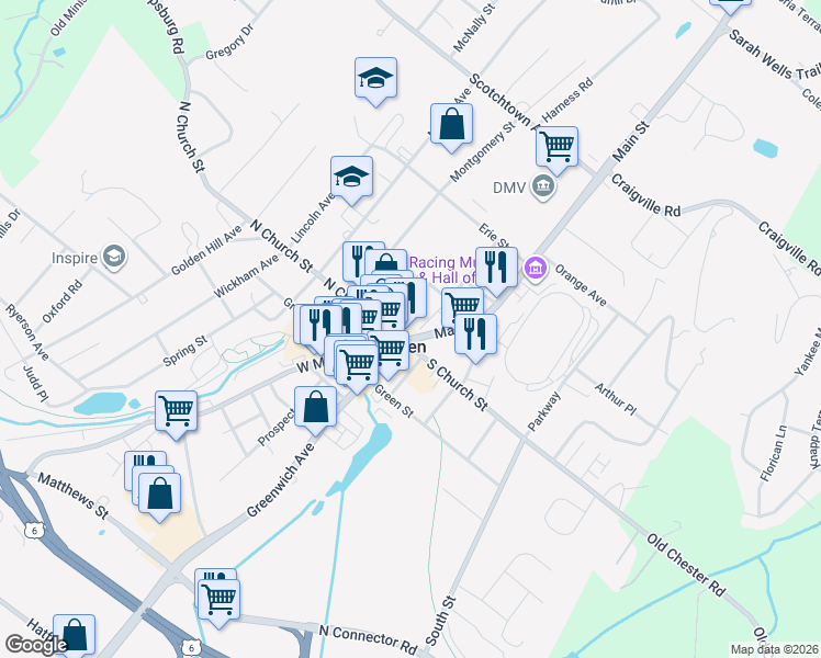 map of restaurants, bars, coffee shops, grocery stores, and more near 45 Webster Avenue in Goshen