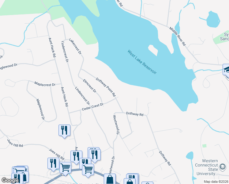 map of restaurants, bars, coffee shops, grocery stores, and more near 17 Driftway Point Road in Danbury