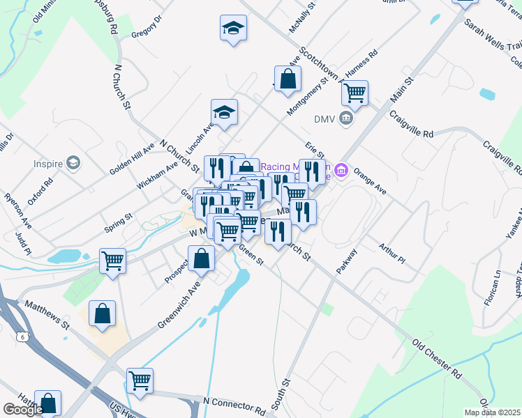 map of restaurants, bars, coffee shops, grocery stores, and more near 45 Webster Avenue in Goshen