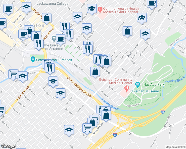 map of restaurants, bars, coffee shops, grocery stores, and more near 1408 Linden Street in Scranton