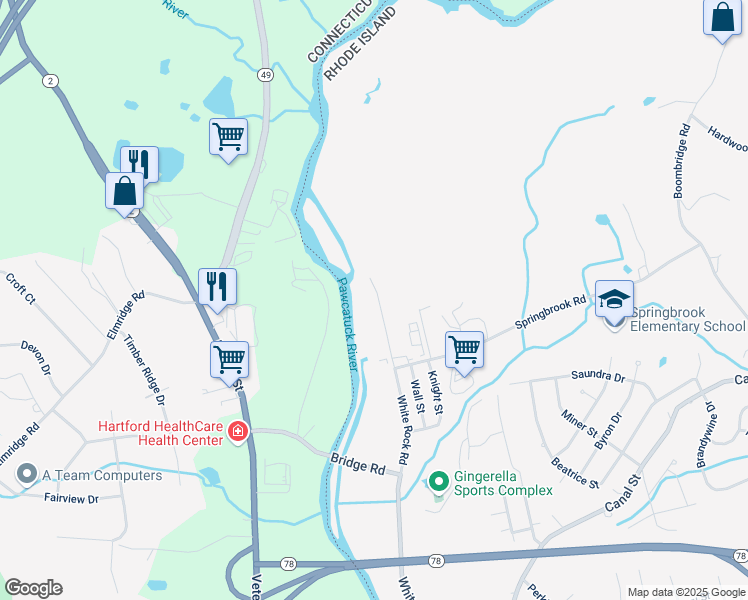map of restaurants, bars, coffee shops, grocery stores, and more near 105 White Rock Road in Westerly