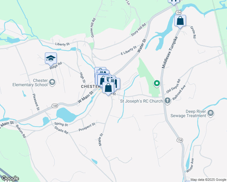 map of restaurants, bars, coffee shops, grocery stores, and more near 63 Main Street in Chester