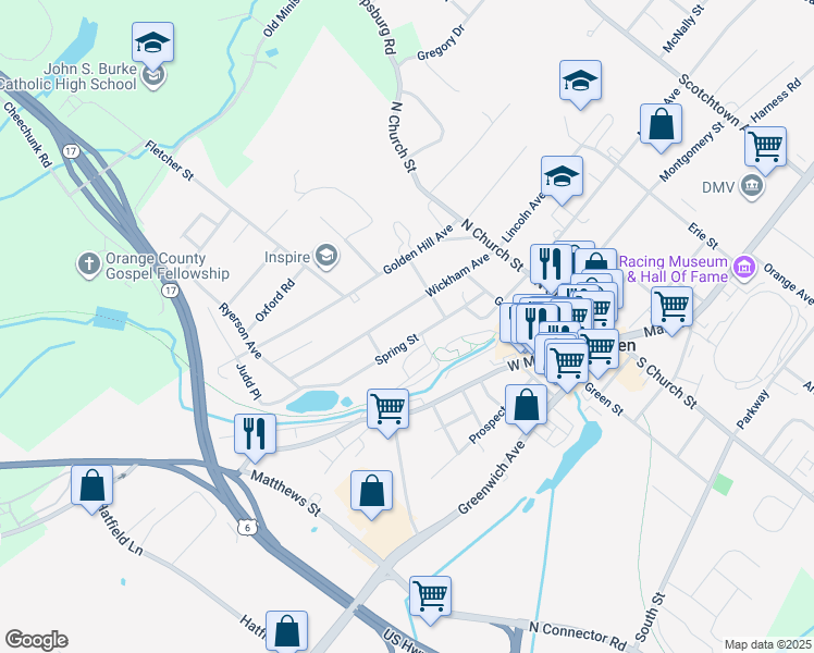 map of restaurants, bars, coffee shops, grocery stores, and more near 50 Wickham Avenue in Goshen