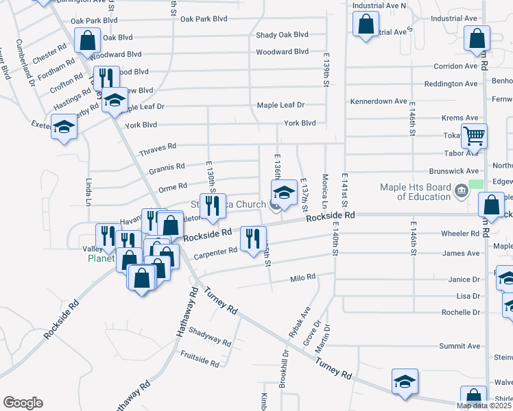 map of restaurants, bars, coffee shops, grocery stores, and more near 13414 Havana Road in Garfield Heights