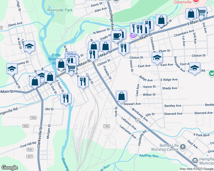 map of restaurants, bars, coffee shops, grocery stores, and more near 99 Franklin Street in Greenville