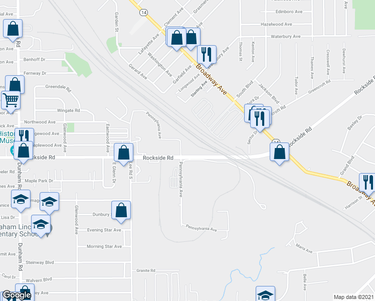 map of restaurants, bars, coffee shops, grocery stores, and more near 17101 Rockside Road in Maple Heights