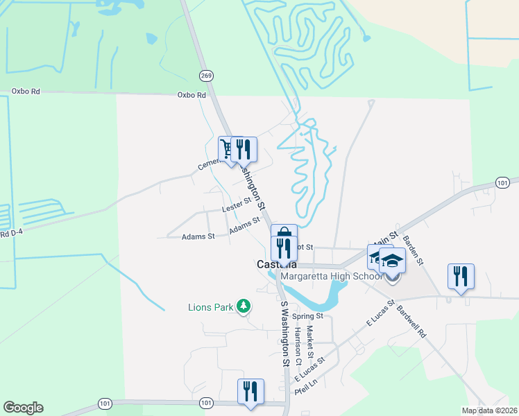 map of restaurants, bars, coffee shops, grocery stores, and more near 306 North Washington Street in Castalia
