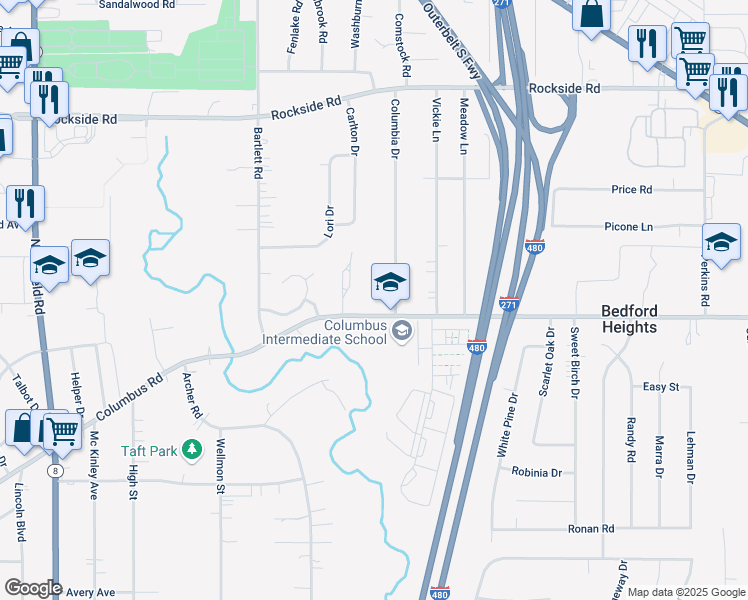 map of restaurants, bars, coffee shops, grocery stores, and more near 23621 Columbus Road in Bedford Heights