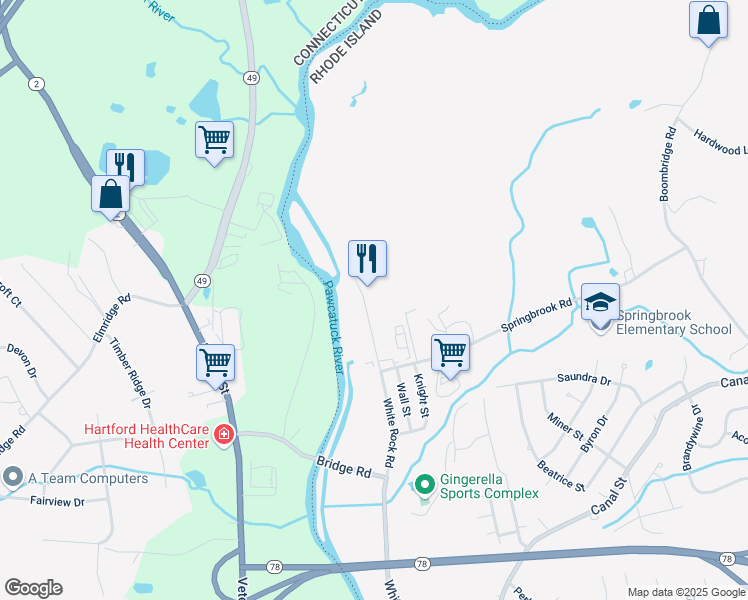 map of restaurants, bars, coffee shops, grocery stores, and more near 105 White Rock Road in Westerly