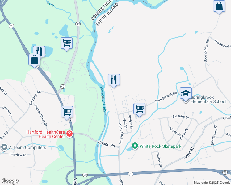 map of restaurants, bars, coffee shops, grocery stores, and more near 105 White Rock Road in Westerly