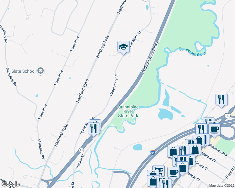 map of restaurants, bars, coffee shops, grocery stores, and more near 100 Upper State Street in North Haven