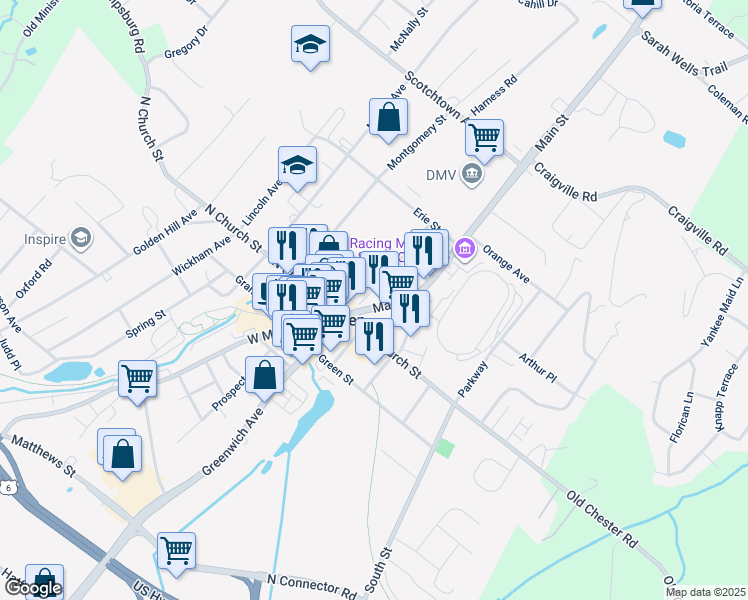 map of restaurants, bars, coffee shops, grocery stores, and more near 45 Webster Avenue in Goshen