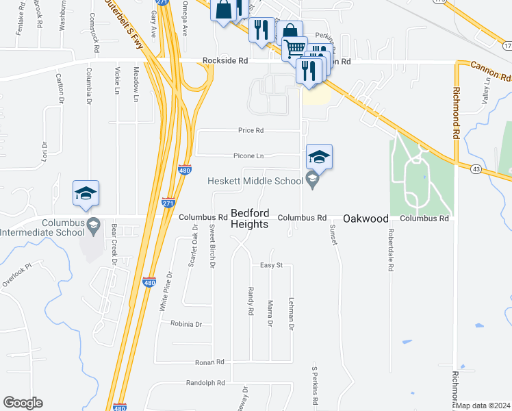 map of restaurants, bars, coffee shops, grocery stores, and more near 25031 Columbus Road in Bedford Heights
