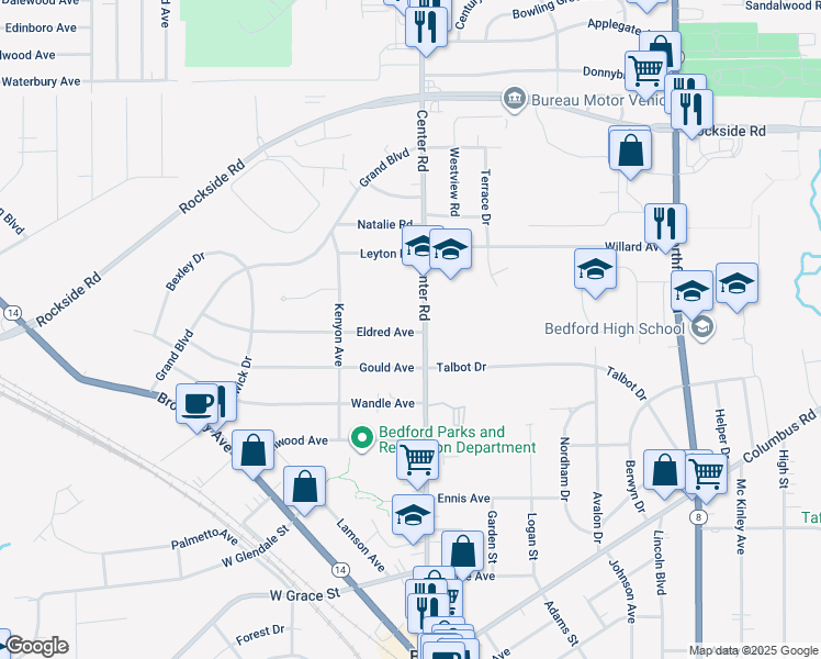 map of restaurants, bars, coffee shops, grocery stores, and more near 321 Center Road in Bedford