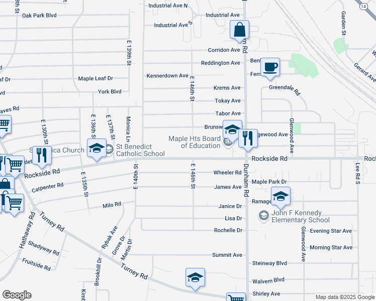map of restaurants, bars, coffee shops, grocery stores, and more near 5740 East 146th Street in Maple Heights