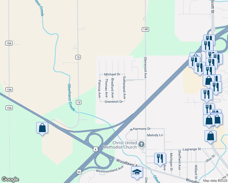 map of restaurants, bars, coffee shops, grocery stores, and more near 86 Cedarbrook Avenue in Napoleon