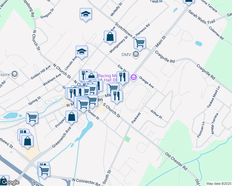 map of restaurants, bars, coffee shops, grocery stores, and more near 101 Main Street in Goshen