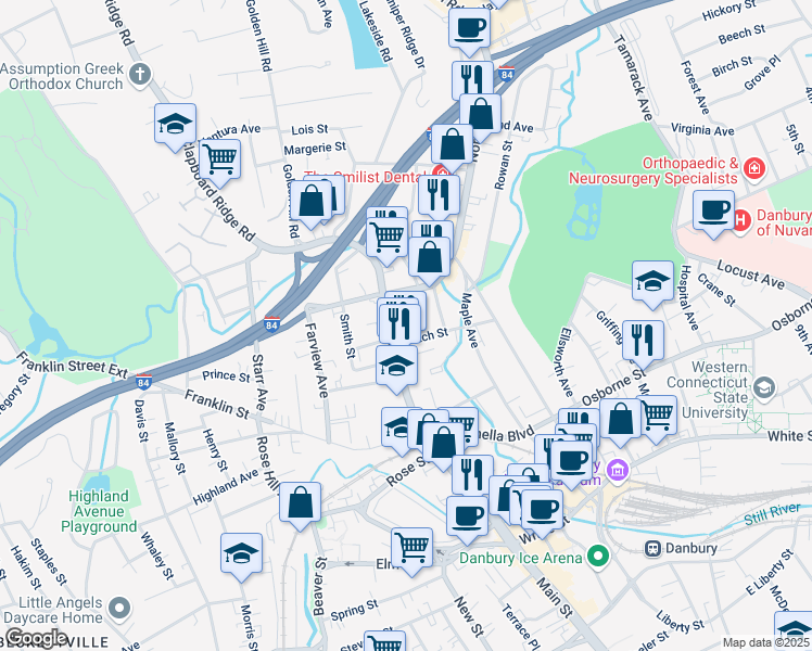 map of restaurants, bars, coffee shops, grocery stores, and more near 405 Main Street in Danbury