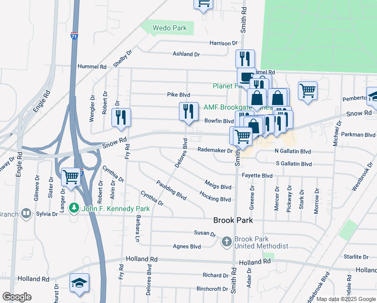 map of restaurants, bars, coffee shops, grocery stores, and more near 15775 Rademaker Drive in Brook Park