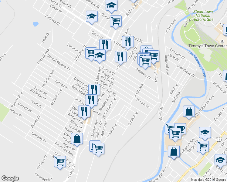 map of restaurants, bars, coffee shops, grocery stores, and more near 730 West Locust Street in Scranton