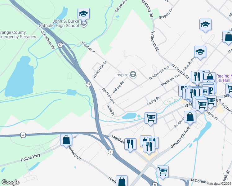 map of restaurants, bars, coffee shops, grocery stores, and more near 11 Oxford Road in Goshen
