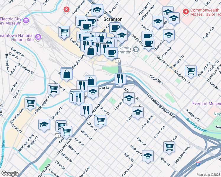 map of restaurants, bars, coffee shops, grocery stores, and more near 202 U.S. 11 in Scranton