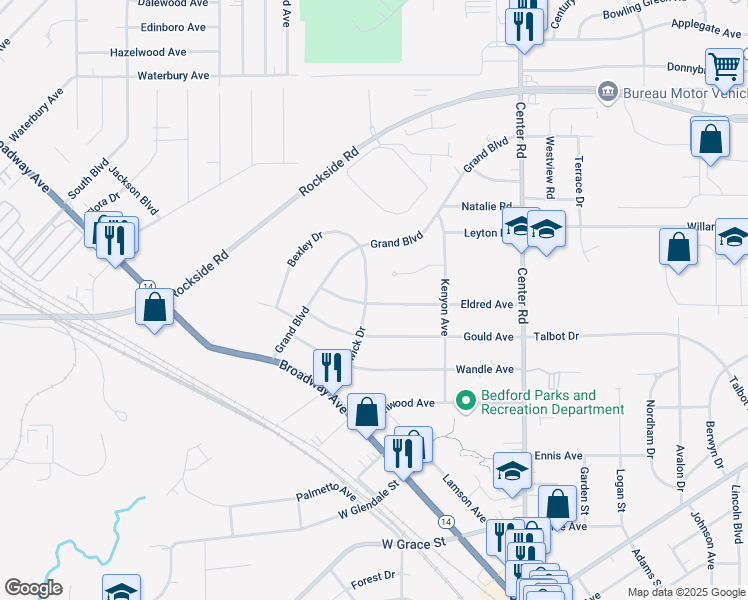 map of restaurants, bars, coffee shops, grocery stores, and more near 141 Eldred Avenue in Bedford