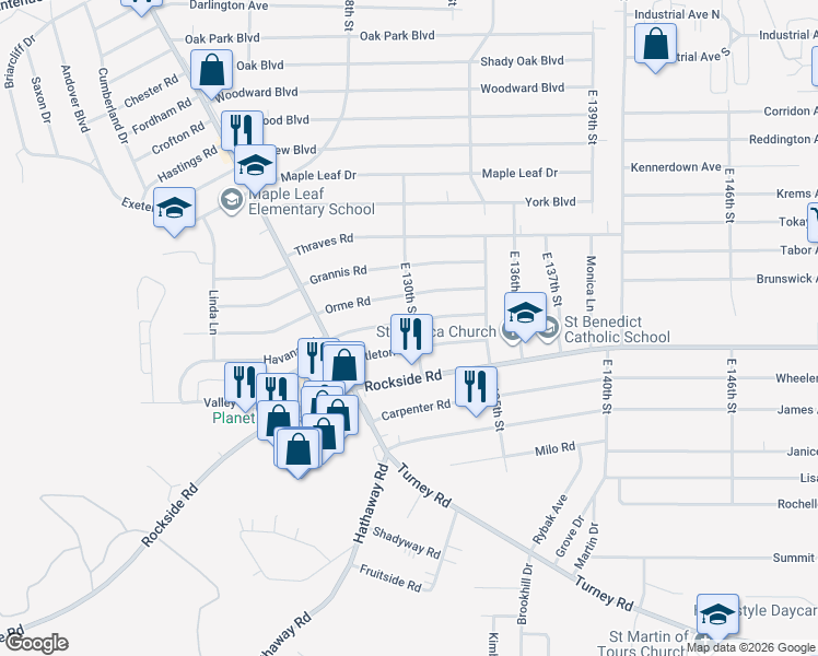 map of restaurants, bars, coffee shops, grocery stores, and more near 12925 Havana Road in Garfield Heights