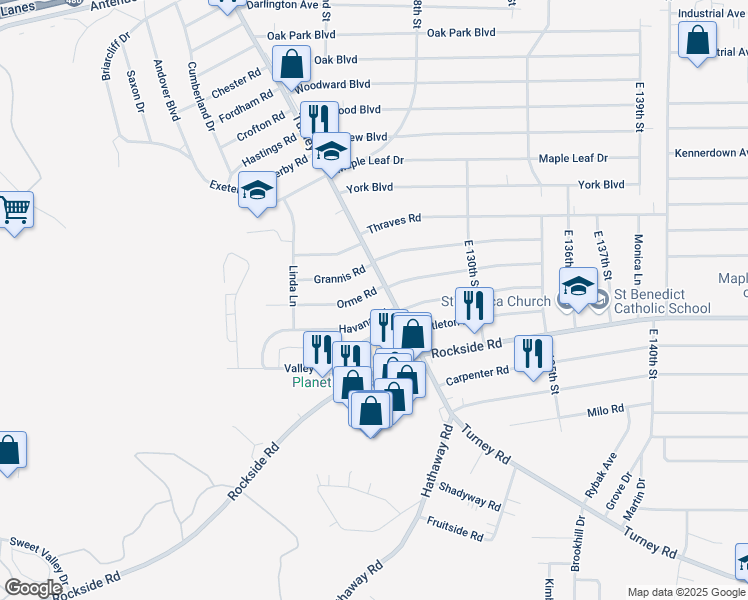 map of restaurants, bars, coffee shops, grocery stores, and more near 12339 Orme Road in Garfield Heights