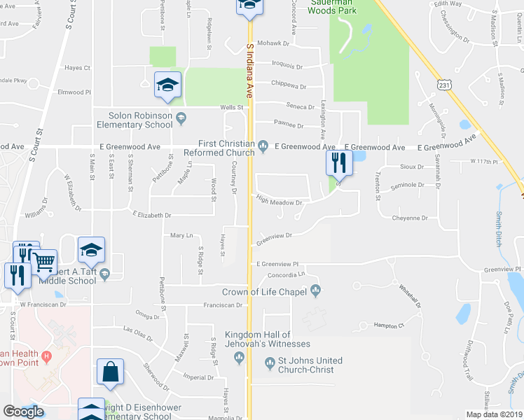 map of restaurants, bars, coffee shops, grocery stores, and more near 800 S Indiana Ave in Crown Point