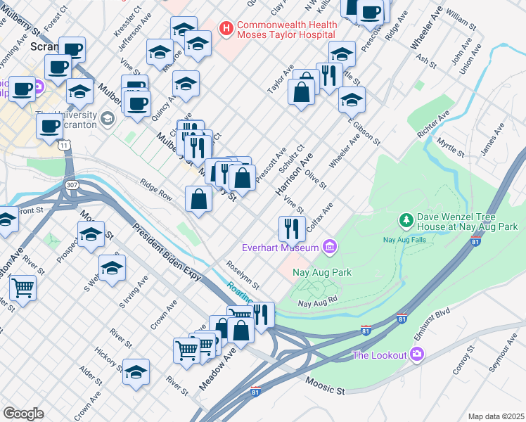 map of restaurants, bars, coffee shops, grocery stores, and more near 414 Harrison Avenue in Scranton