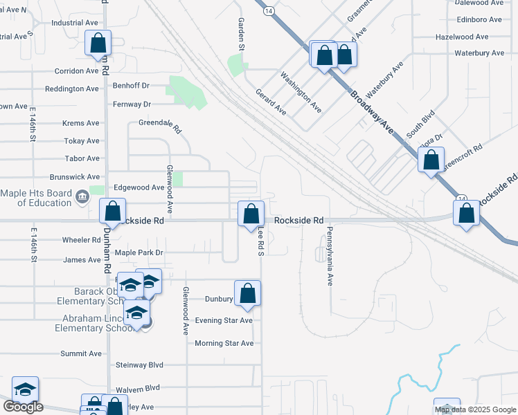 map of restaurants, bars, coffee shops, grocery stores, and more near 5790 Lee Road South in Maple Heights