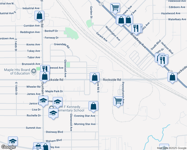 map of restaurants, bars, coffee shops, grocery stores, and more near 16220 Maplewood Court in Maple Heights