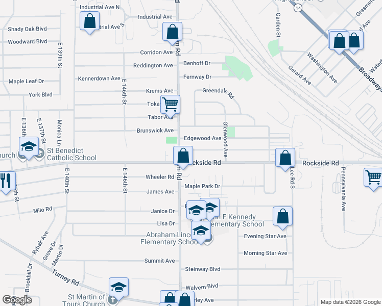 map of restaurants, bars, coffee shops, grocery stores, and more near 15301 Maplewood Avenue in Maple Heights