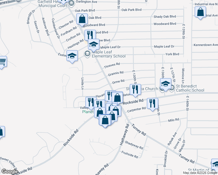 map of restaurants, bars, coffee shops, grocery stores, and more near 5915 Turney Road in Garfield Heights